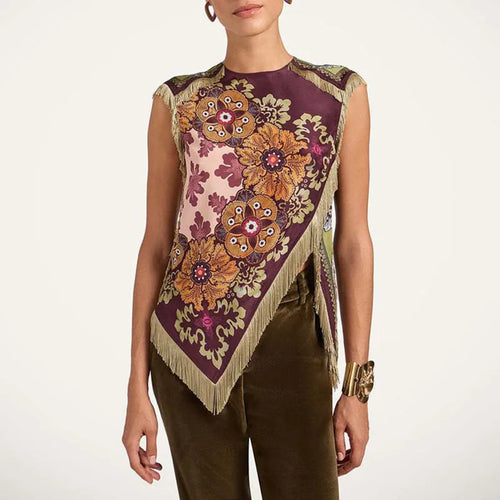 Ethnic Vintage Floral Print Woman Clothes Elegant O Neck Tassel Cross