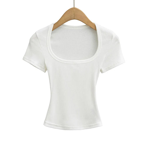 Square Collar High Stretch Summer Crop Tops Women Short Sleeve Tops