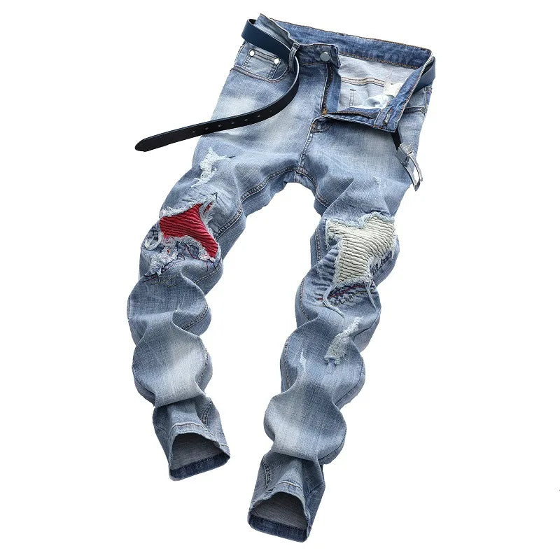 New Men's Personalized Ripped Jeans Light Blue Streetwear Stretch