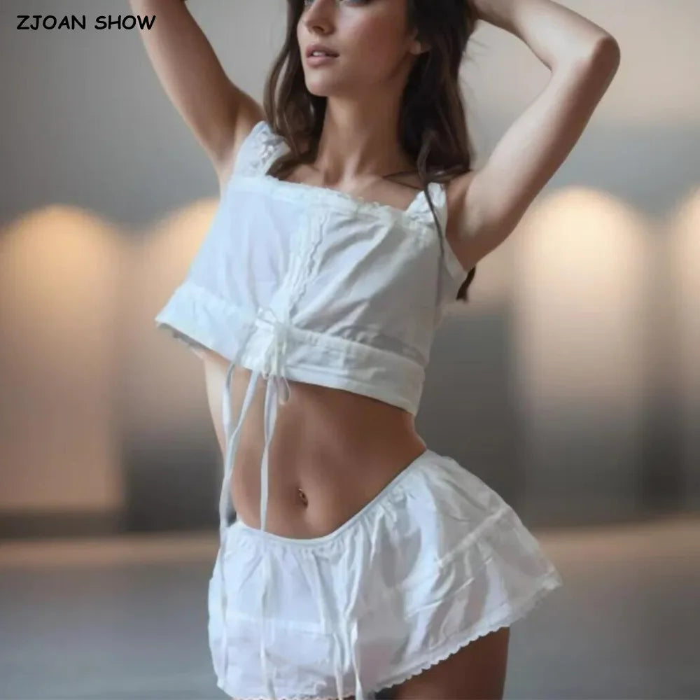 Sexy White Lacing Up Bow Open Buttons Tank Top Camisole + Women