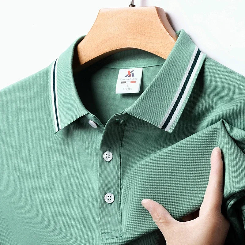 Men's Fashion Solid Short Sleeved Striped Lapel Polo Shirt Summer