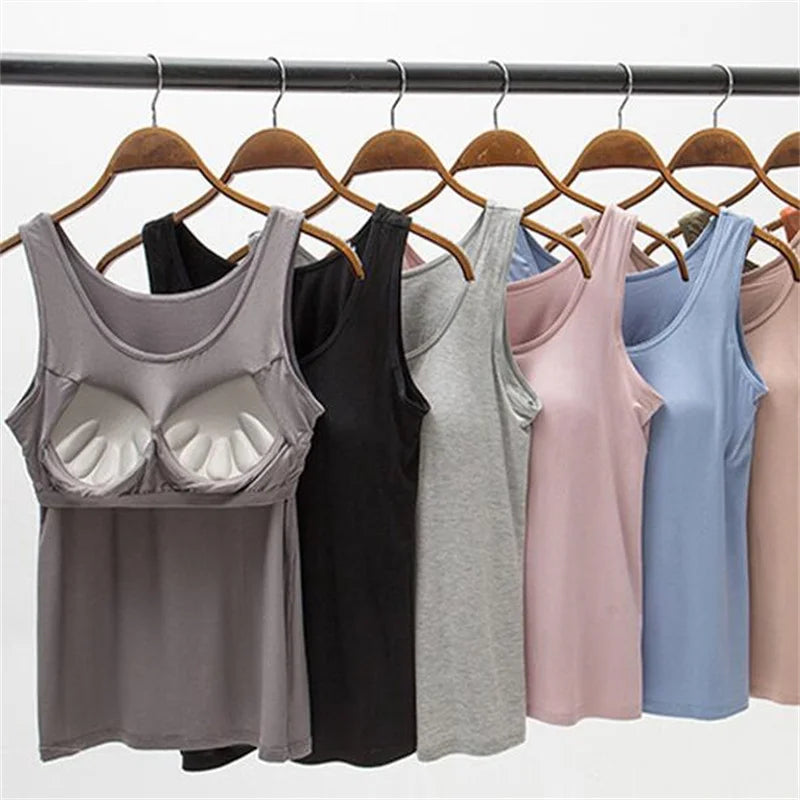2023 Women's Vest Tops with Built In Bra Neck Vest Solid Color Padded