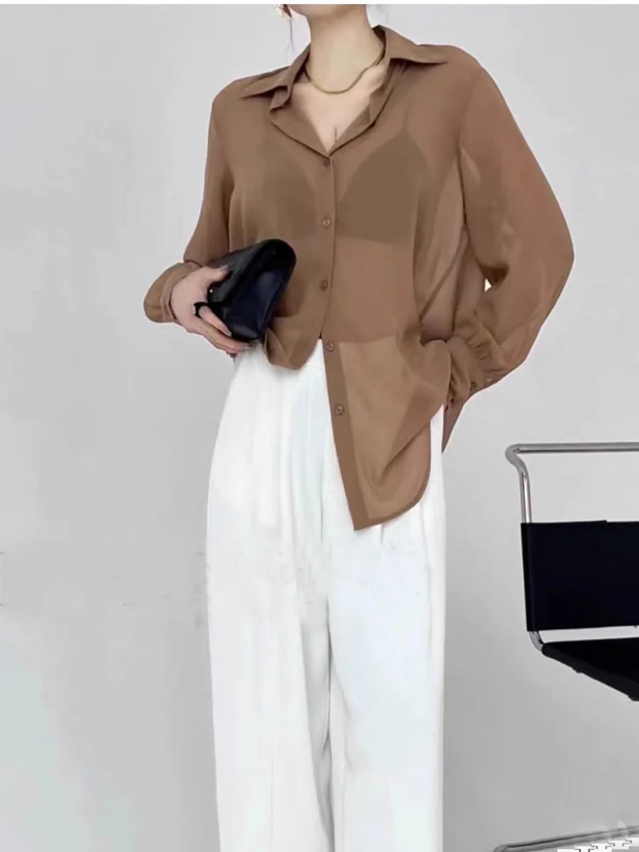 Sun-proof Transparent Shirt Female Mesh Long Sleeve Top Solid Color