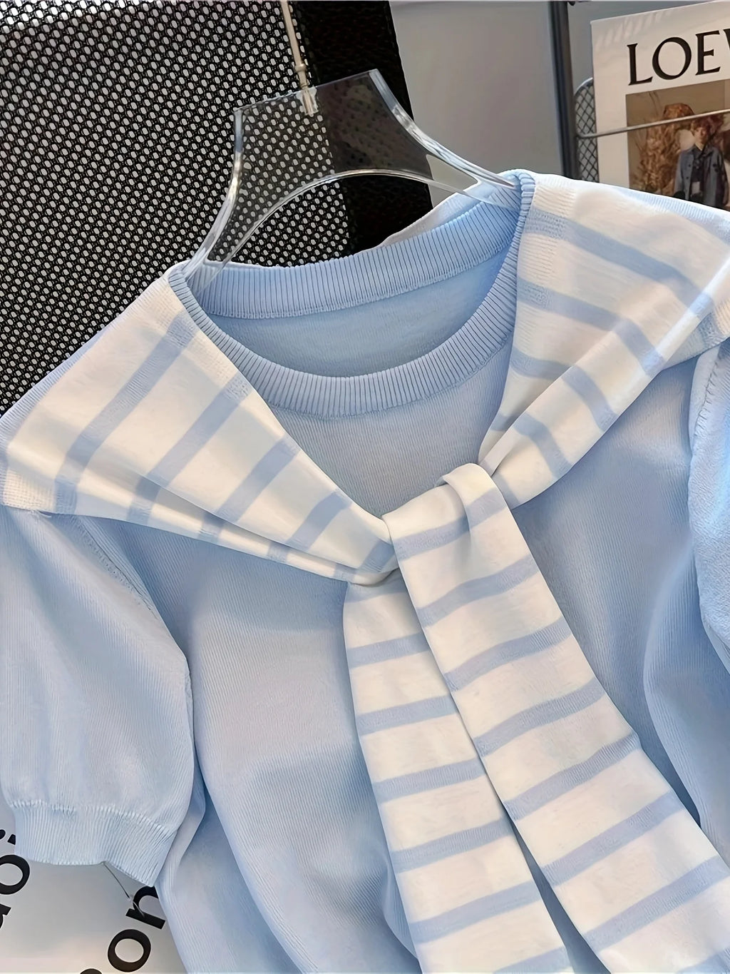Women'S Light Blue Short Sleeve Knit Top with Striped Shawl Casual