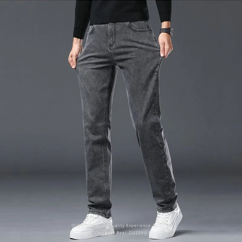 2026 Spring Summer New Men's Slim Fit Elastic Jeans Gray Denim Pants
