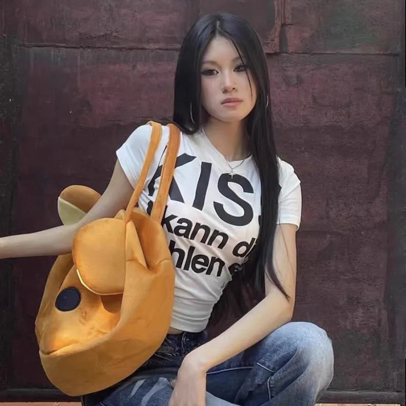Karrram Japanese Y2k Letter Print T-shirt Trashy 2000s Style Crop Top