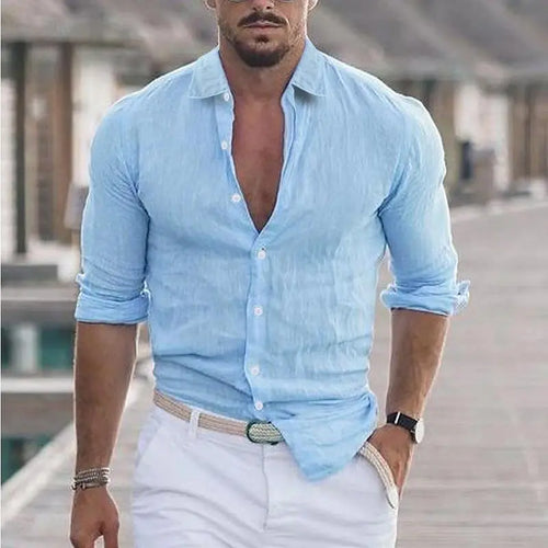 2023 New Men's Shirt Cotton linen Fashion Casual Polo Neck Beach Shirt