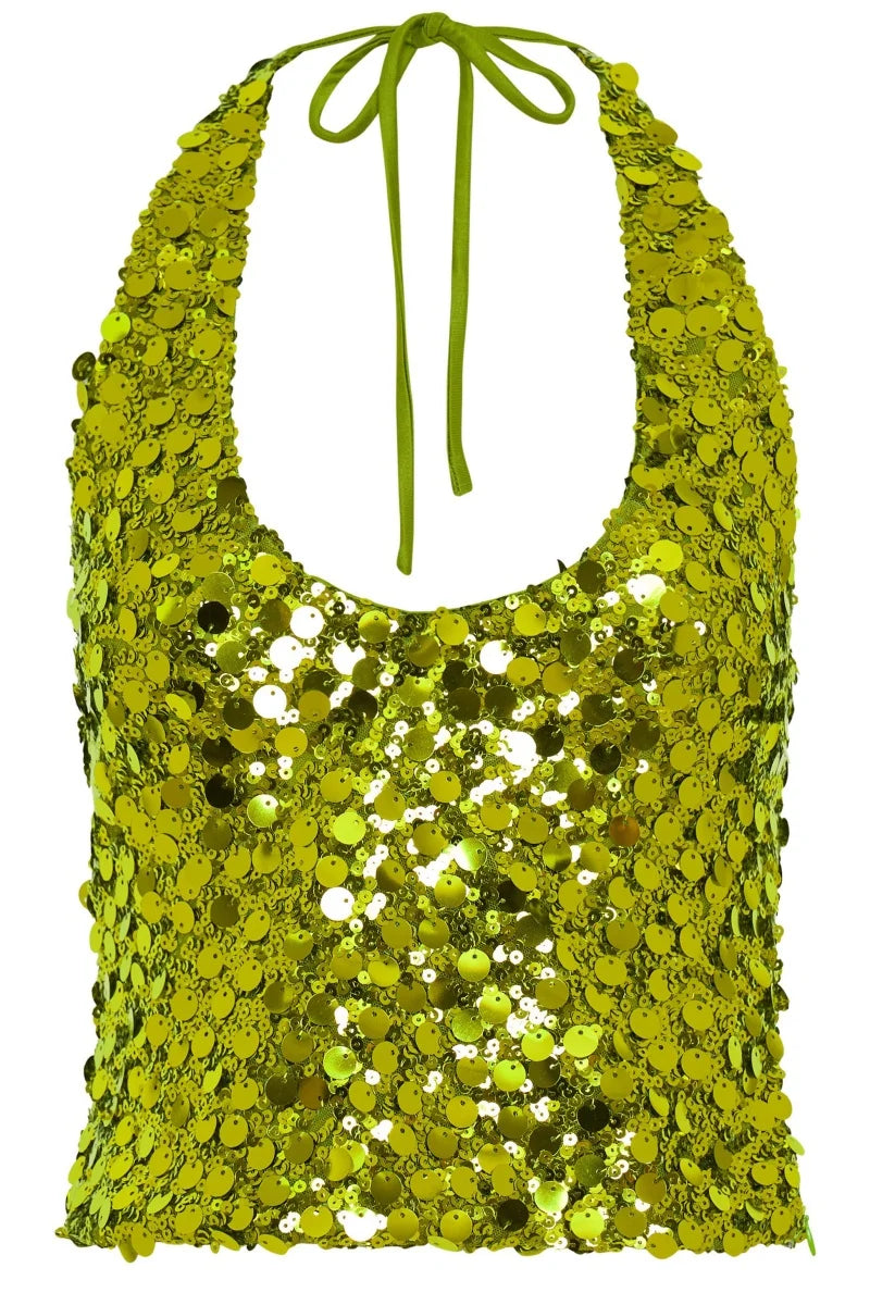 Women Low-Cut Y2K Sequins Crop Tops Halter Neck Tie Backless Tank Top