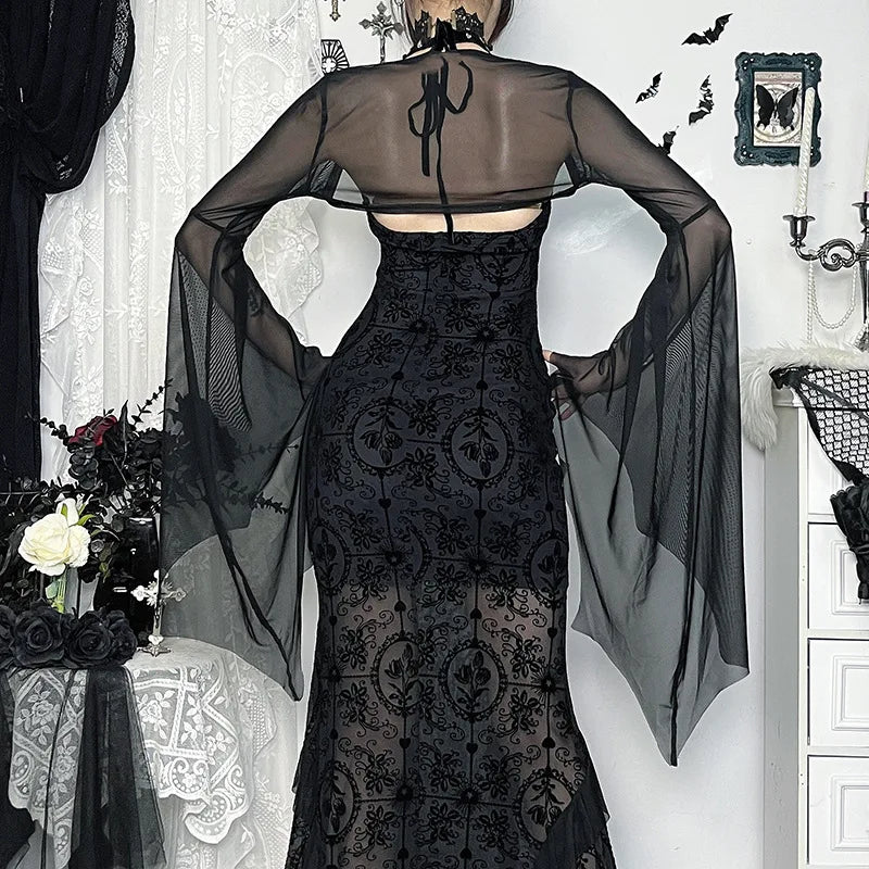 Goth Dark Mall Gothic Mesh See Through Crop Shrug Tops Women Chic Coat