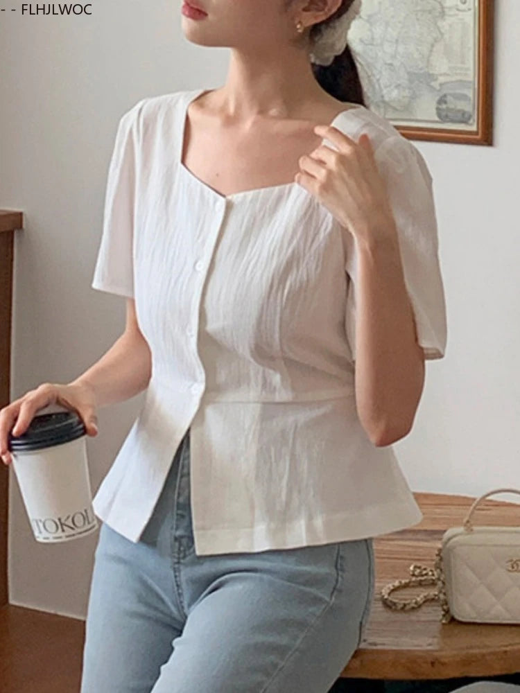 Cotton Linen Short Crop Tops Blouses Retro 2025 Summer Girls Chic