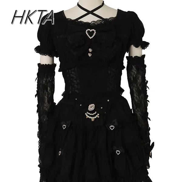 Japanese Sweet Heavy Industry Splicing Sleeve Strap Lace Bow Lace