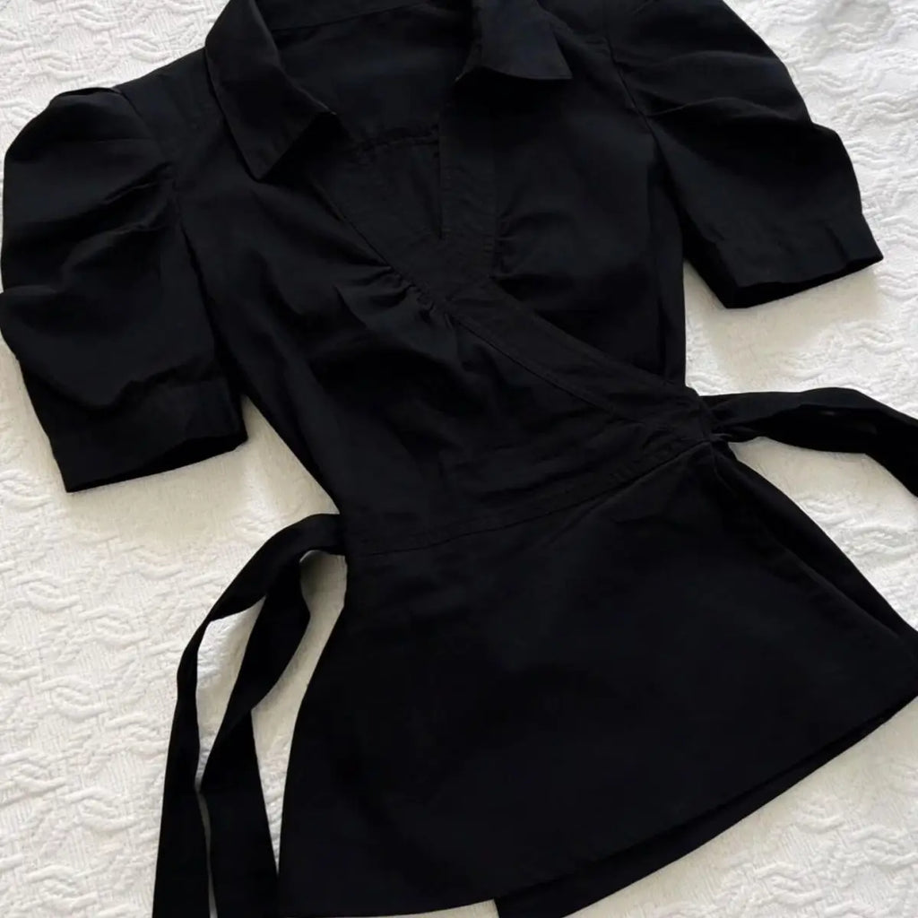 Vintage Elegant Tees Women Slim Back Bandage Shirt Button High Neck