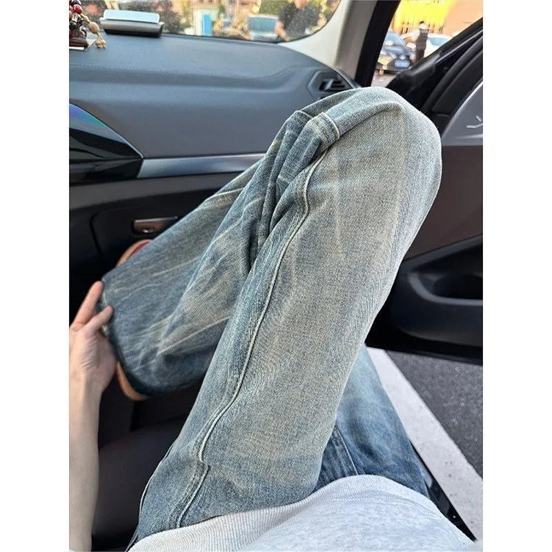 Vintage Men's Jeans Man Pants High Street Washed Denim Blue Jeans