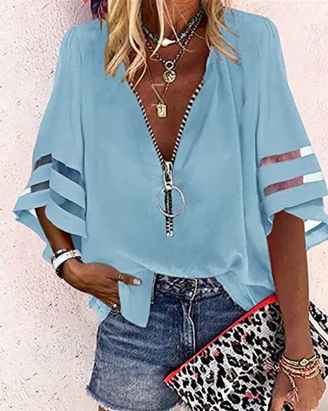 Summer Women Print Tees Shirts Loose Vintage Zipper Off Shoulder Sexy