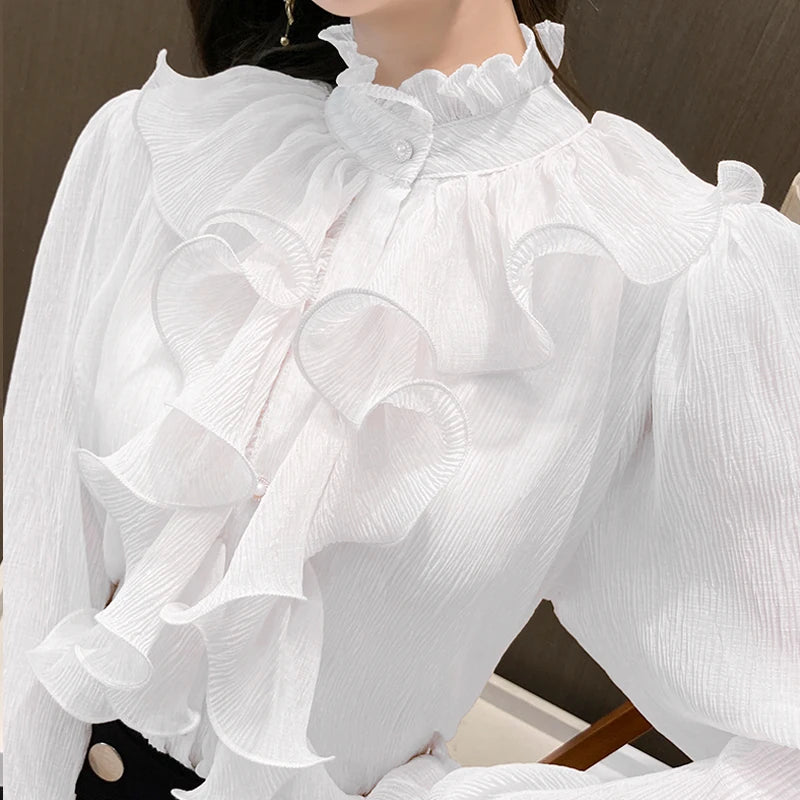 NEW High Quality Vintage Ruffles Clothes Lace Blouse Women Spring