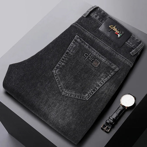 2024 New Black Men's Autumn Winter Thick Jeans Classic Style Stretch
