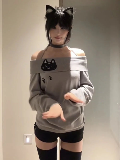 Cute Embroidery Off The Shoulder T Shirt Women Kawaii Cat Long Sleeve