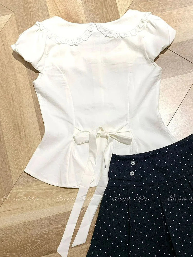 White Slim Sweet Shirt Women Puff Sleeve Cute Preppy Style Blouse