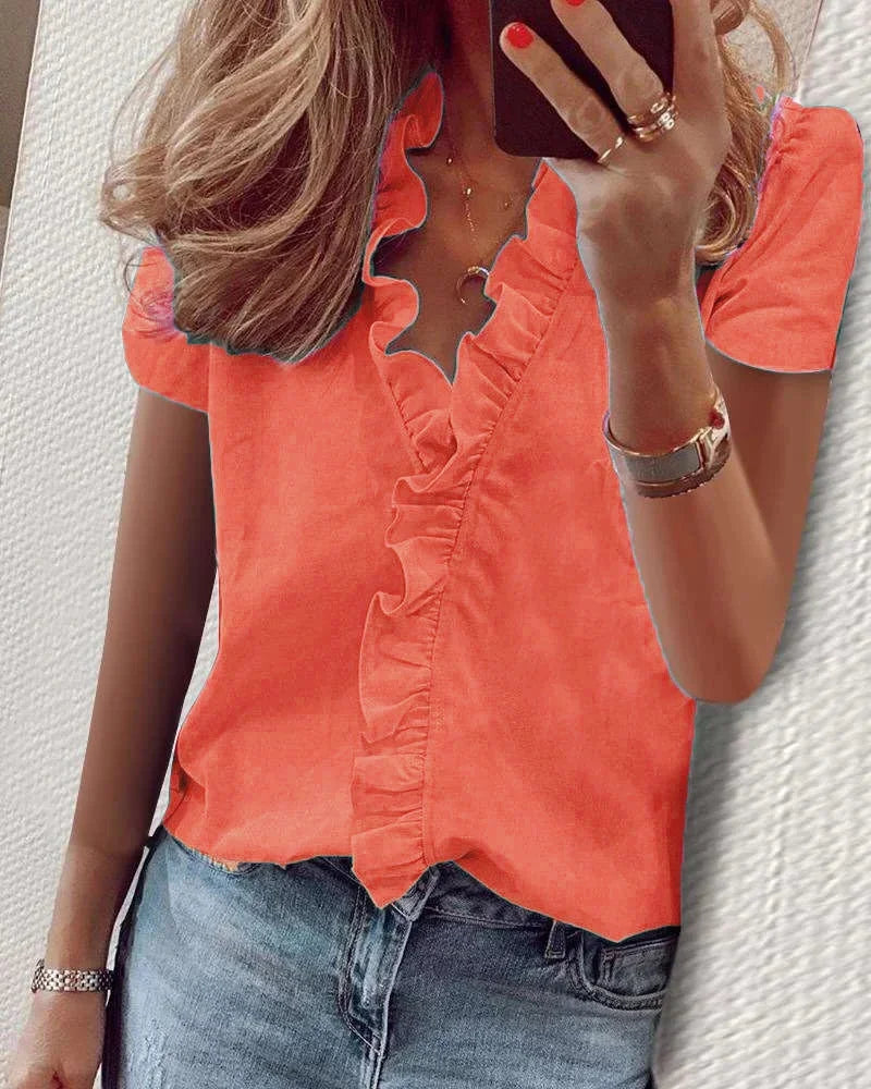 White Womens Shirts Tops Summer Short Sleeve Casual Ruffles V-Neck