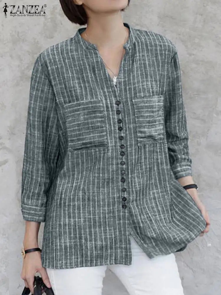 ZANZEA Women Vintage Striped Blouse Summer 3/4 Sleeve Loose Shirt