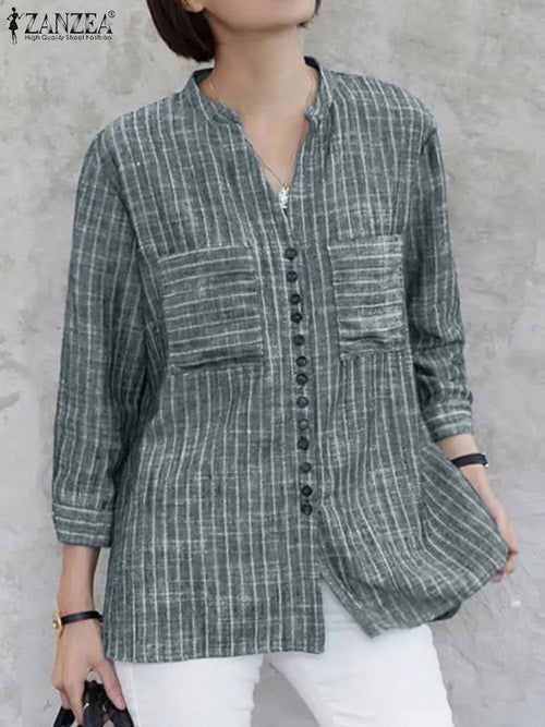 ZANZEA Women Vintage Striped Blouse Summer 3/4 Sleeve Loose Shirt