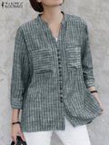 ZANZEA Women Vintage Striped Blouse Summer 3/4 Sleeve Loose Shirt