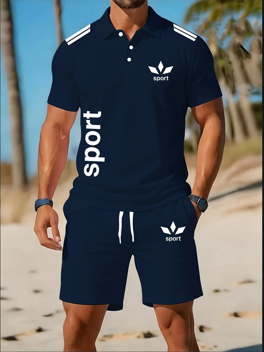 Men 2Pcs Set Short Sleeve Lapel Polo Shirt Drawstring Elastic Waist