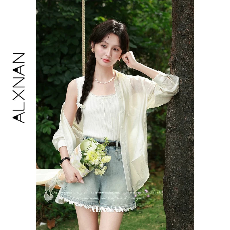 ALXNAN Lace Trim Elegant Knitted Tank Top Bow Slim-fit Casual Basic