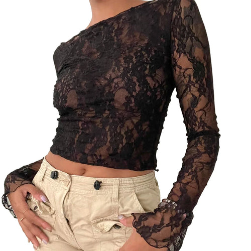 Sexy Women Lace Mesh Sheer Crop Tops Long Sleeve See Through T Shirt