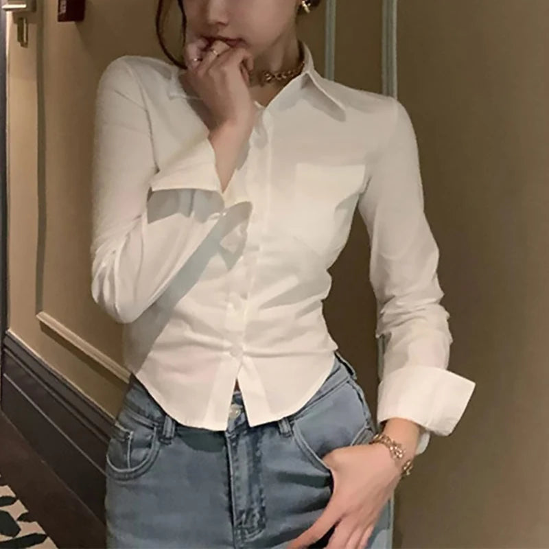 Korean White Office Women Chiffon Shirt Pocket Button Lapel Ladies