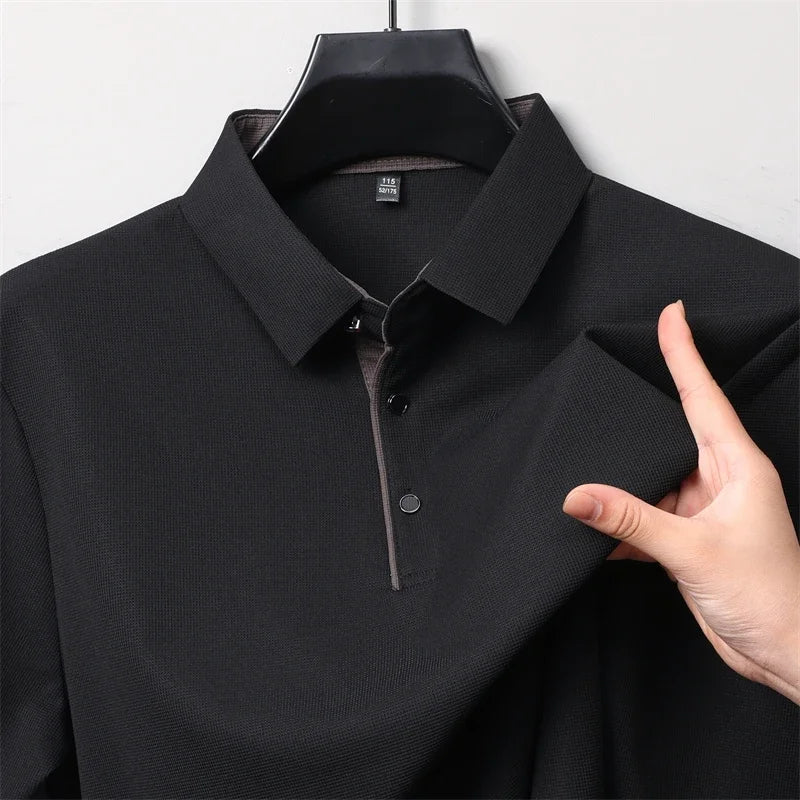 New Men's Business Casual  Long Sleeve Solid Color Polo Shirt