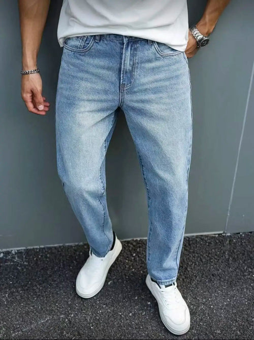 Slim Fit Jeans Men Light Blue Washed Whisker Detail Jeans Classic Mid
