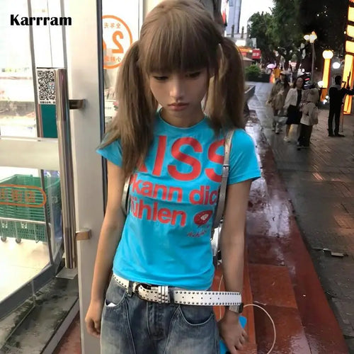 Karrram Japanese Y2k Letter Print T-shirt Trashy 2000s Style Crop Top