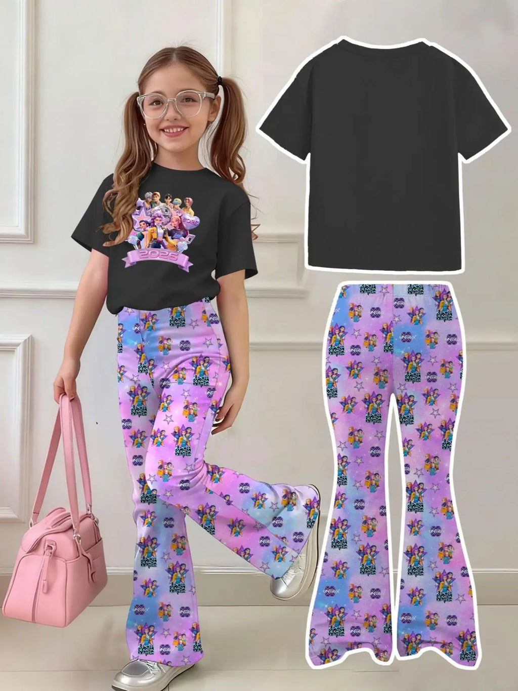 Girls 2-Piece 2026 K-Pop Concert Outfit - Black Graphic T-Shirt &