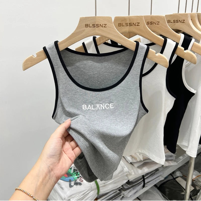 Women Solid Round Neck Embroidered Letters Tank Top 2026 Camisole