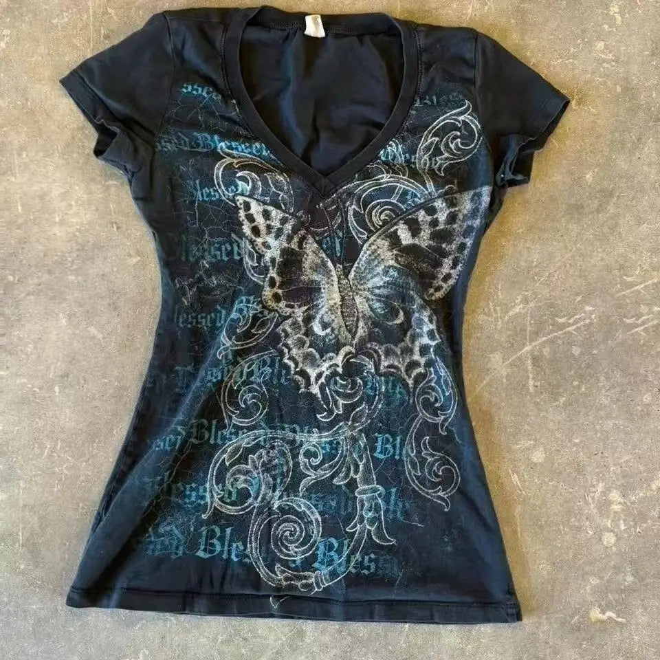 Harajuku Fairy Cropped Butterfly Printing T Shirts Vintage Grunge
