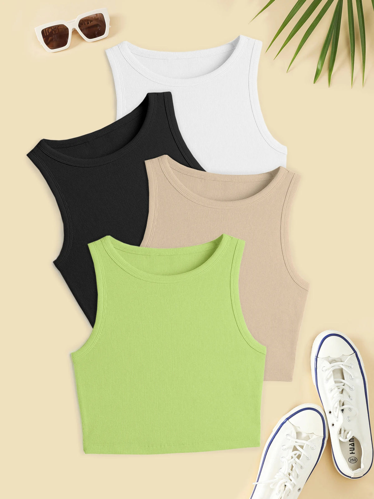 Solid Ribbed Crop Tank Top, Casual Crew Neck Sleeveless Tank Top For