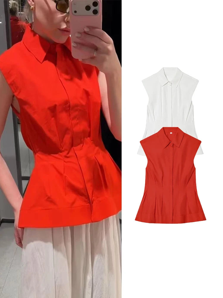 TFMLN Women's Pleated Shirt Spring Summer Vintage Lapel Collar