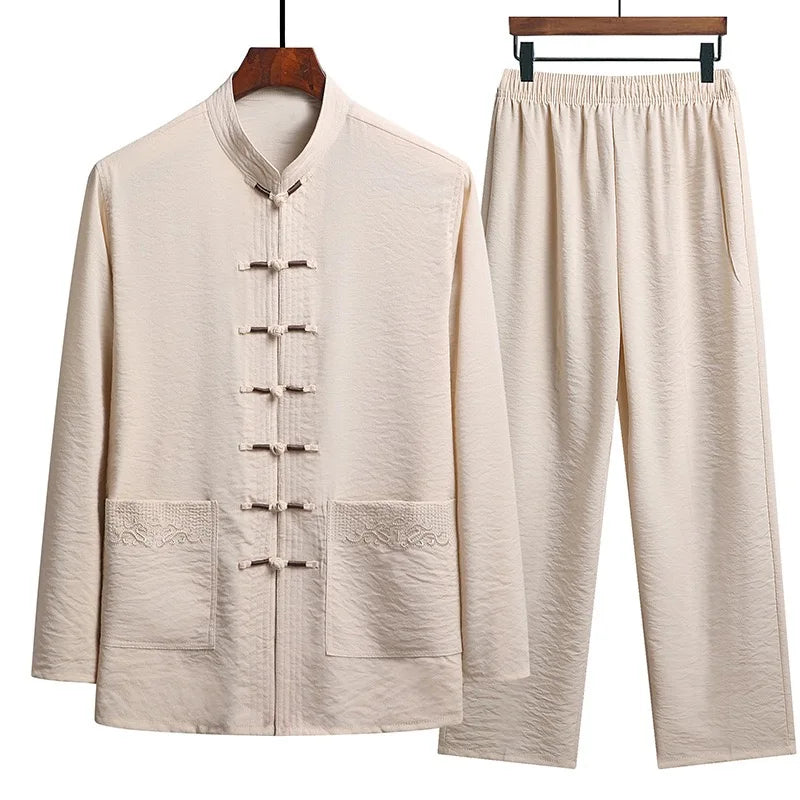 Chinese Traditional Clothing Set Man Fall Linen Buckle Kung Fu Shirt
