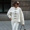 Linad Chinese Style Beige O Neck Shirts Female 2026 Vintage Single