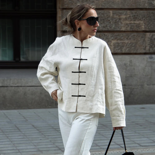 Linad Chinese Style Beige O Neck Shirts Female 2026 Vintage Single