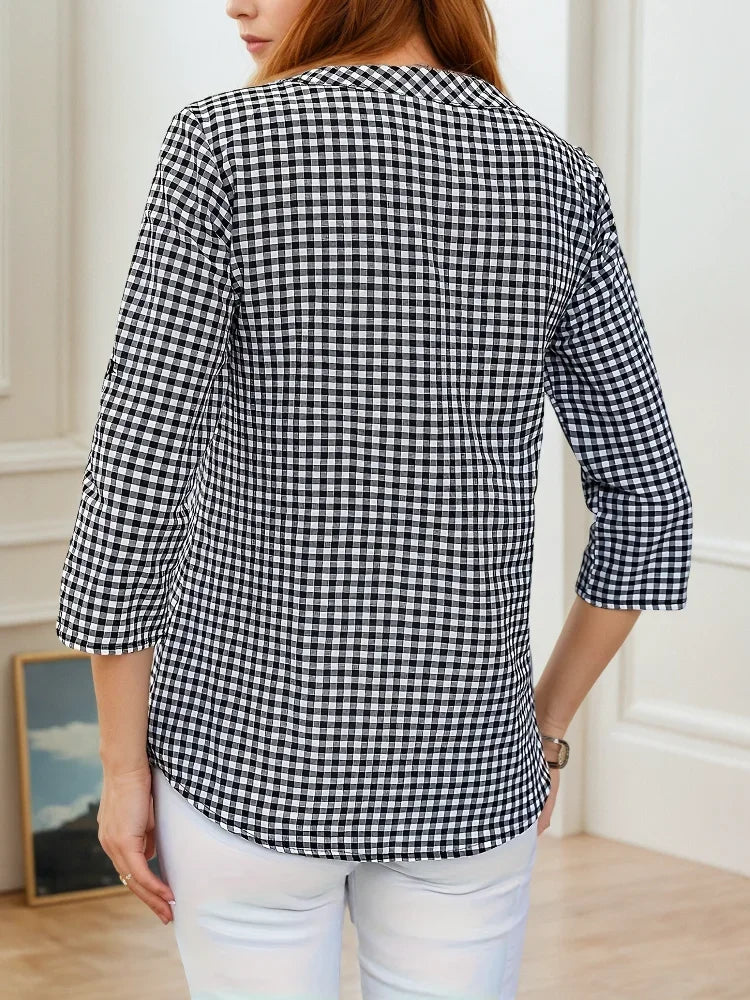 Plus Size Spring Autumn Women Fine Plaid Fashion Long Sleeve V-Neck