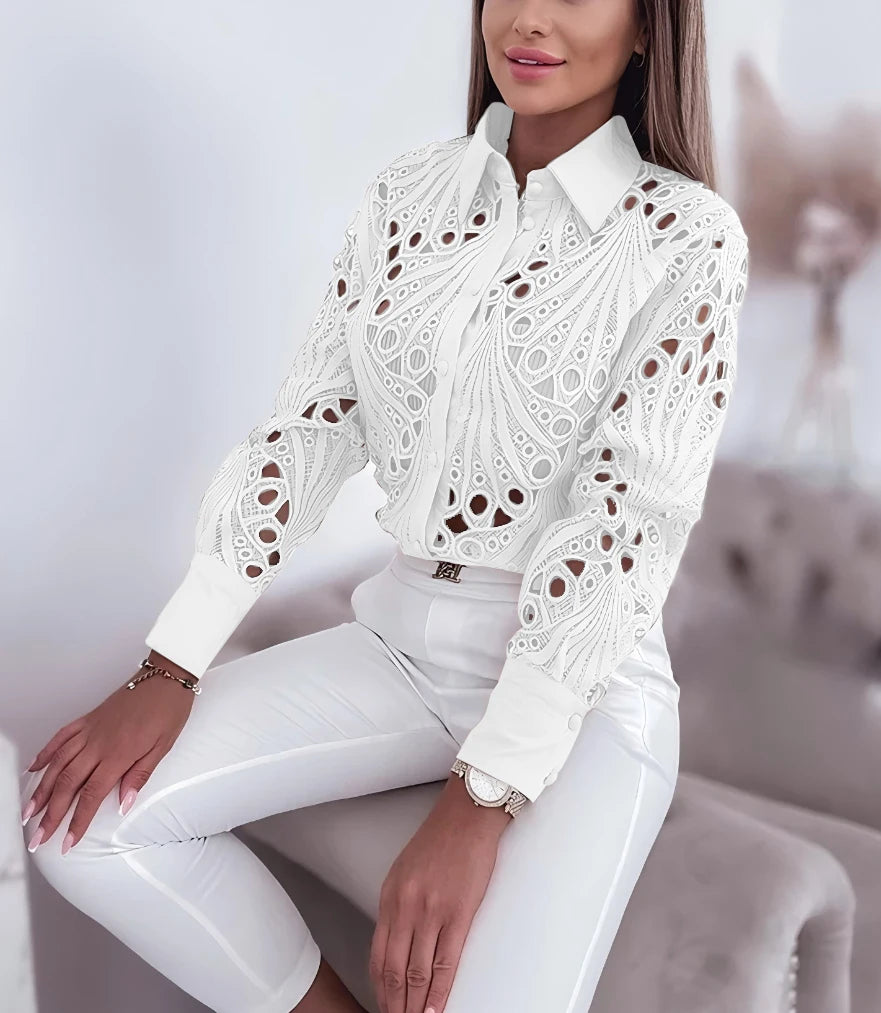 Women's Blouses Hollowed Out Long Sleeved Shirt Casual Solid Button Up