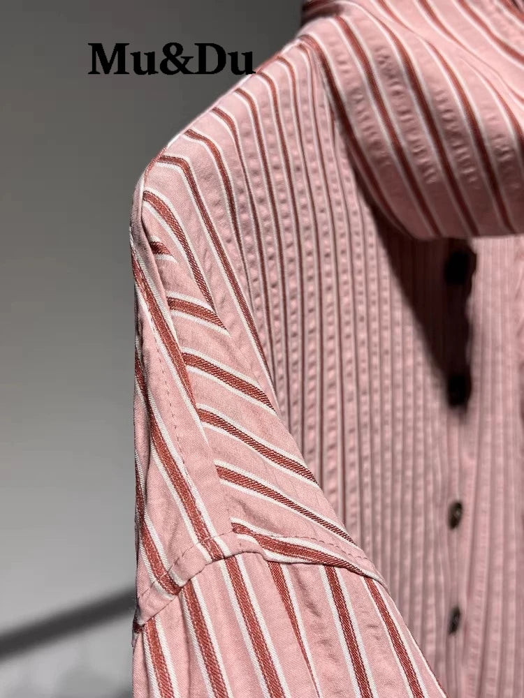 Women Shirt 2026 New Fashion Summer Pink Long Sleeve Striped Shirt for