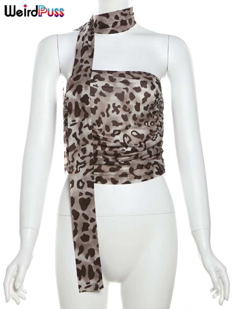 Weird Puss Leopard Print Crop Tops Woman Summer Strapless Ruffles