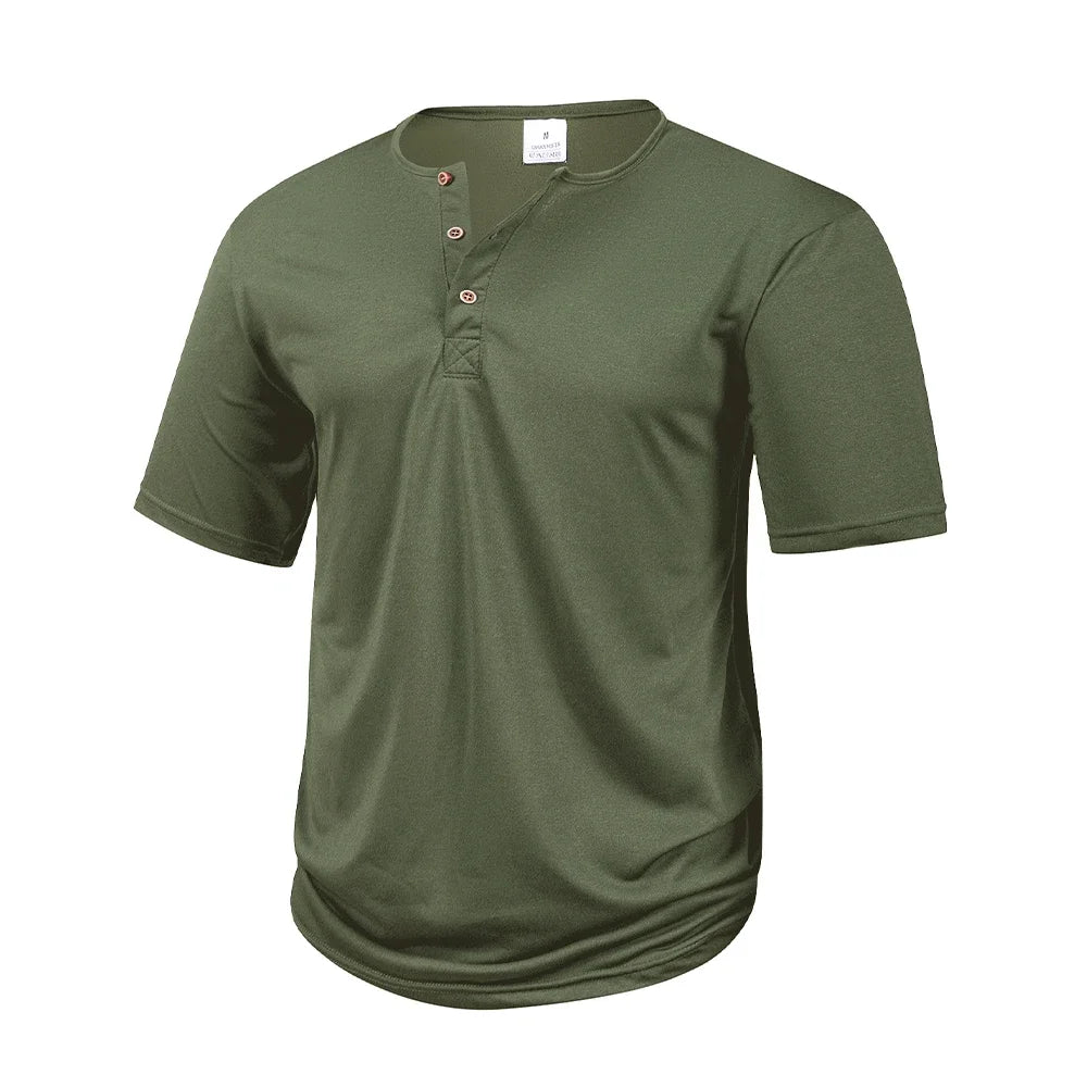 Men's Casual  Henry T Shirt Summer Brown Button Solid Color Polo Short