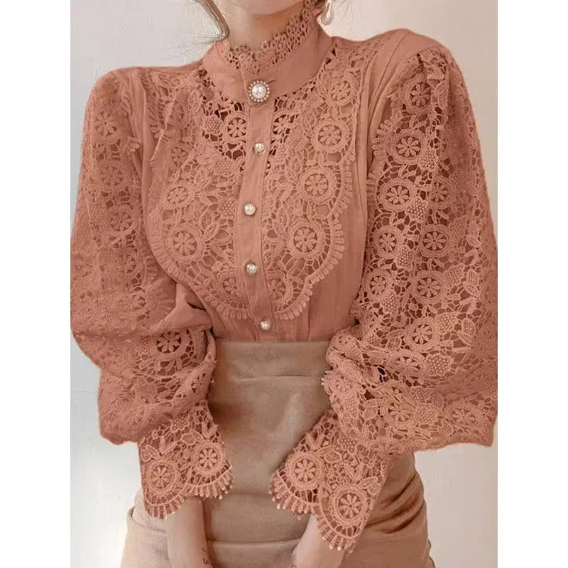 New Women's Long Sleeve High Neck  Chic Blouse, Lace Paneled Hollow