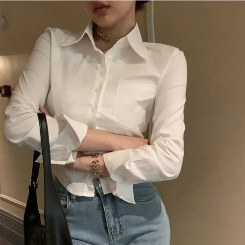 Korean White Office Women Chiffon Shirt Pocket Button Lapel Ladies