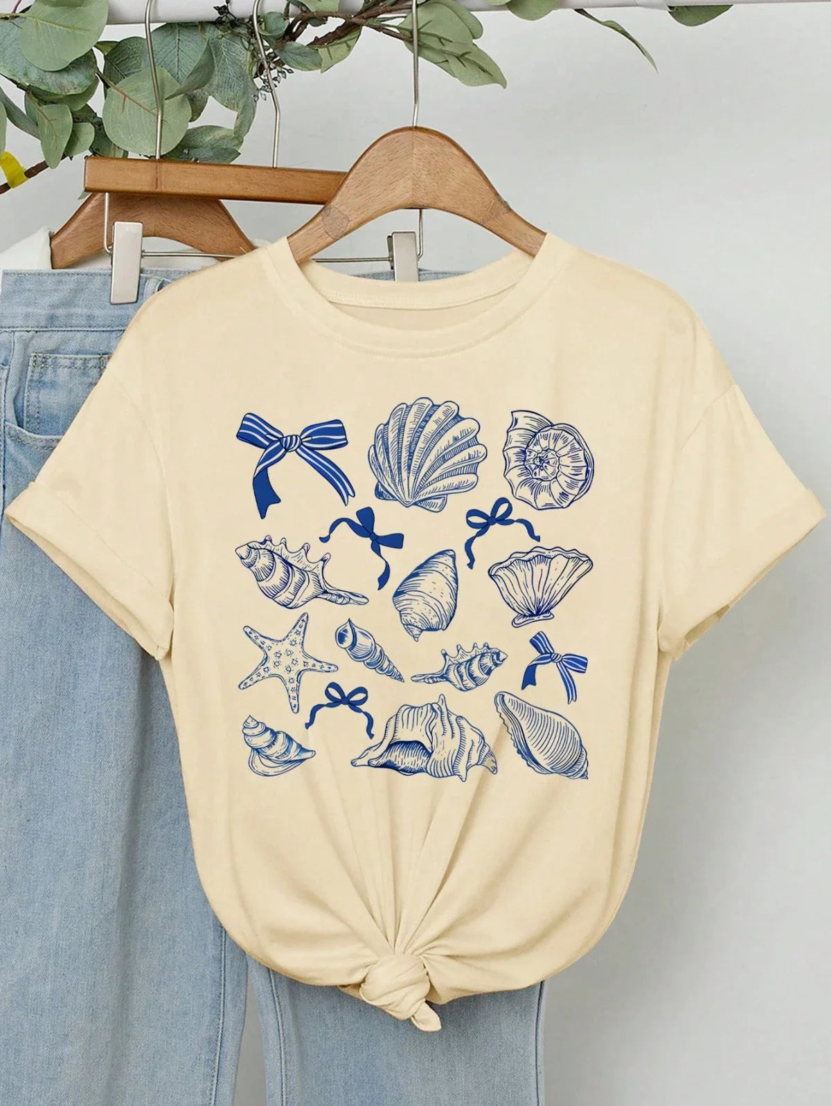 Summer American Retro Y2k Marine Animal Conch Bow Pattern T-shirt