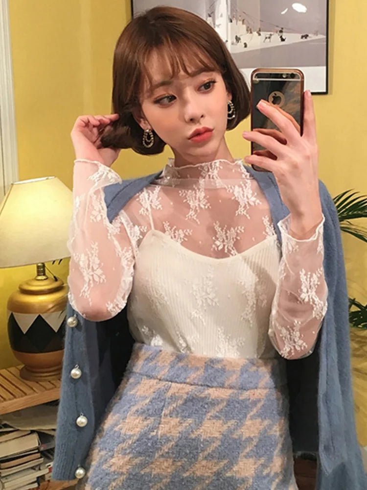High neck lace inner top for women's autumn and winter new style,